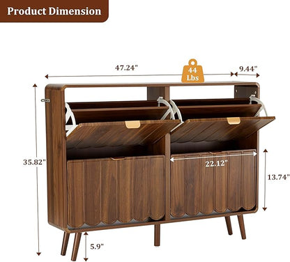 ORRD Shoe Storage Cabinet for Entryway with 4 Flip Drawers, Freestanding Narrow Wood Shoe Cabinet with Wave Panel, Hidden Shoe Organizer for Foyer, Hallway (Walnut)