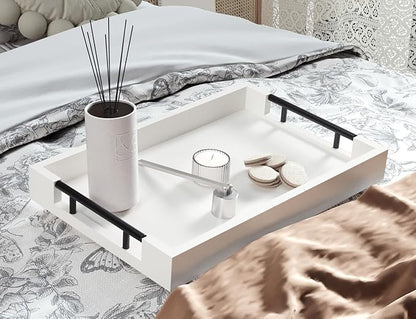 Fibogollo Bamboo Serving Tray with Metal Handles,15x10in Ottoman Decorative Trays Platter for Coffee Table,Living Room,Bar,Party,Mediuml(White)