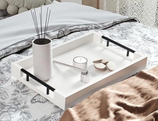 Fibogollo Bamboo Serving Tray with Metal Handles,15x10in Ottoman Decorative Trays Platter for Coffee Table,Living Room,Bar,Party,Mediuml(White)