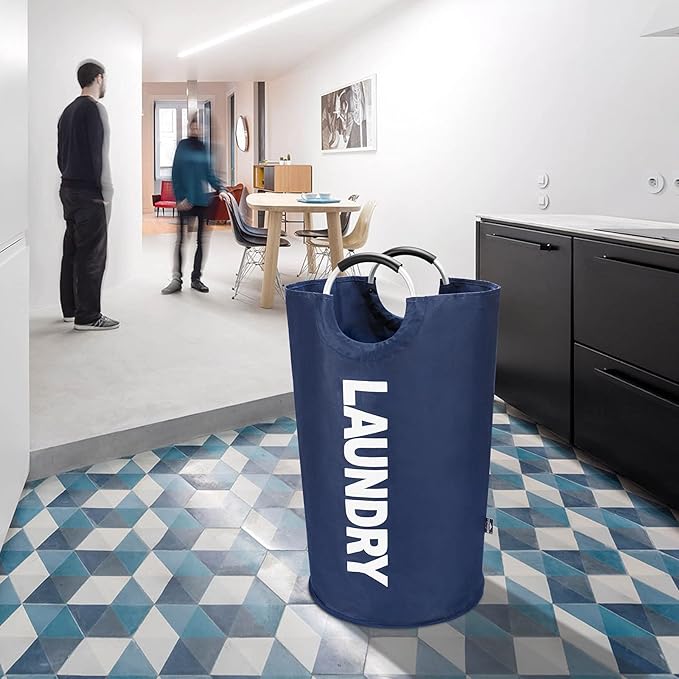 DOKEHOM 90L Large Laundry Basket, Collapsible Laundry Bag, Freestanding Tall Clothes Hamper, Foldable Washing Bin (Dark Blue)