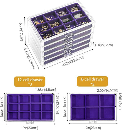 ProCase Earring Holder Organizer Jewelry Box with 5 Drawers, Acrylic Clear Earring Case with Adjustable Velvet Trays for Women - Purple, 5 Layers