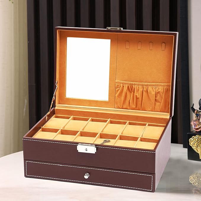 2-Layer Retro Jewelry Box Organizer with Mirror and Lock,Leather Jewelry Box for Womens Girls,Brown Jewellery Holder Organizer Box for Necklace Earrings Rings Bracelets, Christmas New Year Gift