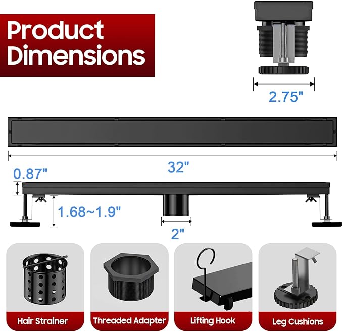 DLONE Linear Shower Drain | 32" AISI 304 Stainless Steel Linear Drain, Matte Black Shower Drain with Tile Insert Panel & Adjustable Feet, Long Rectangle Shower Floor Drain in Bathroom, Balcony, etc