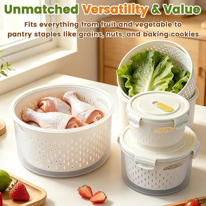 TBMax 8 Pieces Airtight Fruit Storage Containers for Fridge with Air Circulation Vent, 4 Pack Round Produce Saver with Colander for Berry Lettuce Salad Vegetable Storage, Refrigerator Organizers
