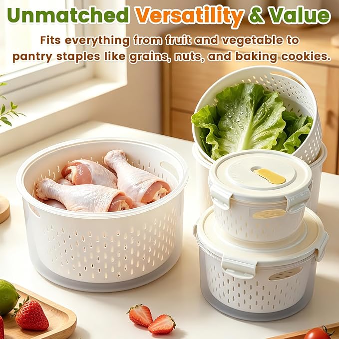 8 Pieces Airtight Fruit Storage Containers for Fridge with Air Circulation Vent, 4 Pack Round Produce Saver with Colander for Berry Lettuce Salad Vegetable Storage, Refrigerator Organizers -White