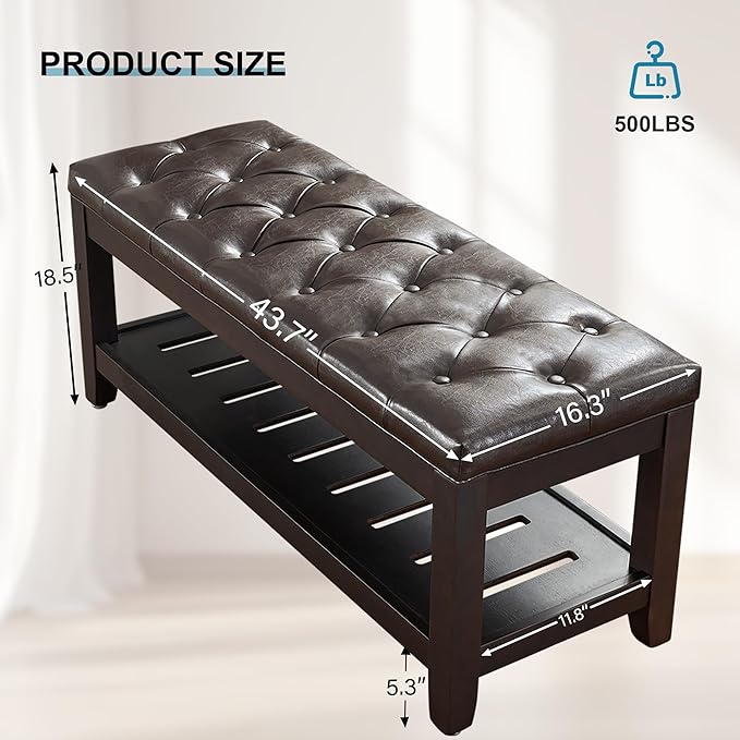 44" Ottoman Bench, Upholstered End of Bed Bench, Oversized Footrest with Wood Shelf torage Storage Bench for Bedroom, Entryway, Living Room, Dark Brown(PU)