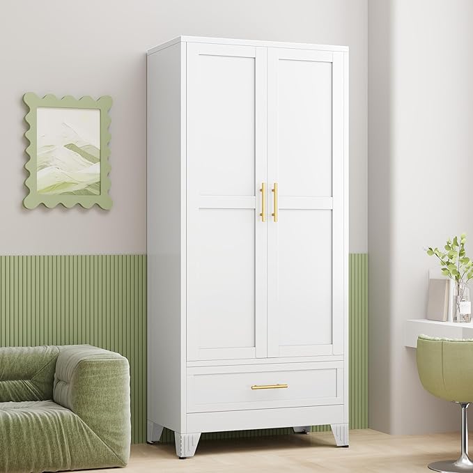 Steel Armoire Wardrobe Closet with 2 Doors, 71" Household Wardrobe Cabinet with Hanging Rod and Drawers, Metal Clothing Storage Cabinet with Adjustable Shelf for Bedroom, Cloak Room, Gym(White)