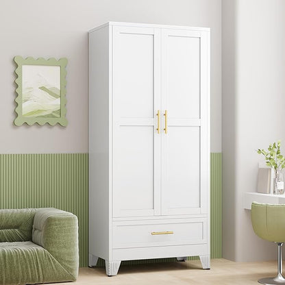 Steel Armoire Wardrobe Closet with 2 Doors, 71" Household Wardrobe Cabinet with Hanging Rod and Drawers, Metal Clothing Storage Cabinet with Adjustable Shelf for Bedroom, Cloak Room, Gym(White)