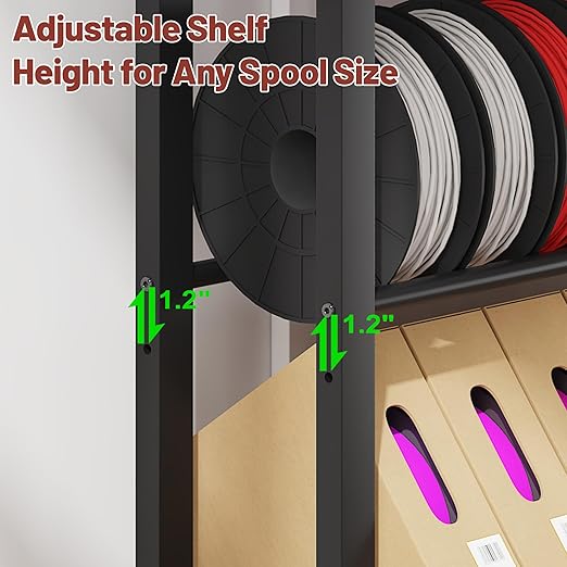 7-Tier 3D Printer Filament Storage Rack with Wheels, Heavy Duty Adjustable Metal Shelf Holds 80 Spools, Tall Mobile Filament Organizer with Hooks for 3D Printing Business & Workshop