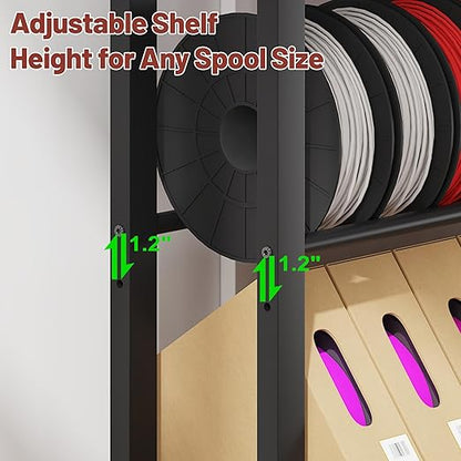 7-Tier 3D Printer Filament Storage Rack with Wheels, Heavy Duty Adjustable Metal Shelf Holds 80 Spools, Tall Mobile Filament Organizer with Hooks for 3D Printing Business & Workshop
