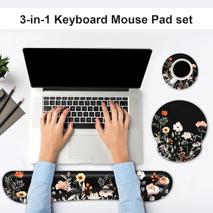 Ergonomic Mouse Pad with Wrist Rest and Keyboard Wrist Rest, Wrist Rest for Computer Keyboard, Easy Typing, Pain Relief, Black Mouse Pad with Wrist Support for Gaming,Office, Laptop, Garden Flowers