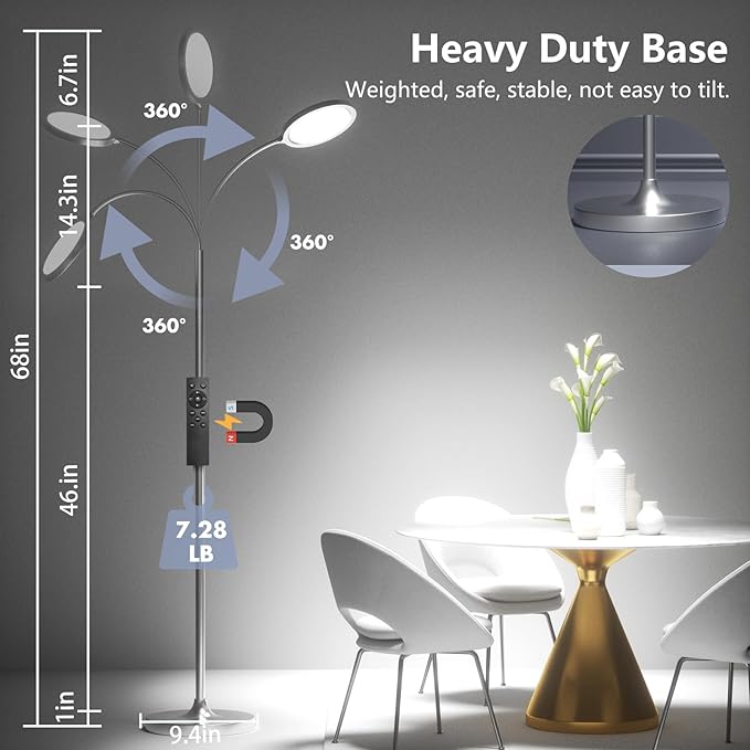 Silver Floor Lamp,Super Bright Dimmable LED Floor Lamps for Living Room, Custom Color Temperature Standing Lamp with Remote Push Button, Adjustable Gooseneck Reading Floor Lamp for Bedroom Office