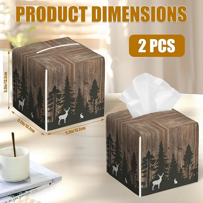 Deer Forest Wood Grain Tissue Box Cover 2PCS, Leather Tissue Box Holder Square Facial Paper Case Tissue Box Cube Organizer for Bathroom Bedroom Desk Office
