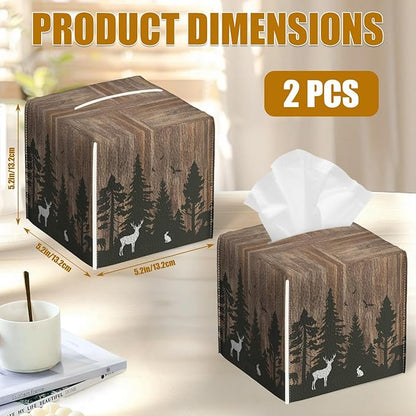 Deer Forest Wood Grain Tissue Box Cover 2PCS, Leather Tissue Box Holder Square Facial Paper Case Tissue Box Cube Organizer for Bathroom Bedroom Desk Office