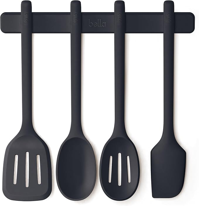 bella 5-Piece Kitchen Tool Set with Magnetic Rack, Silicone, Turner, Spoon, Slotted Spoon, Spatula, Utensil Holder, Magnetic Holder, Non-toxic*, Food-grade, Heat safe to 425°F, Dishwasher Safe, Slate