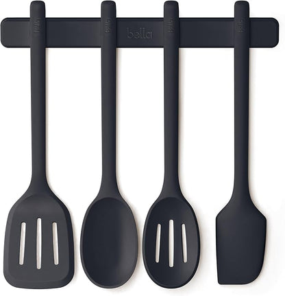 bella 5-Piece Kitchen Tool Set with Magnetic Rack, Silicone, Turner, Spoon, Slotted Spoon, Spatula, Utensil Holder, Magnetic Holder, Non-toxic*, Food-grade, Heat safe to 425°F, Dishwasher Safe, Slate