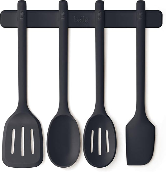bella 5-Piece Kitchen Tool Set with Magnetic Rack, Silicone, Turner, Spoon, Slotted Spoon, Spatula, Utensil Holder, Magnetic Holder, Non-toxic*, Food-grade, Heat safe to 425°F, Dishwasher Safe, Slate