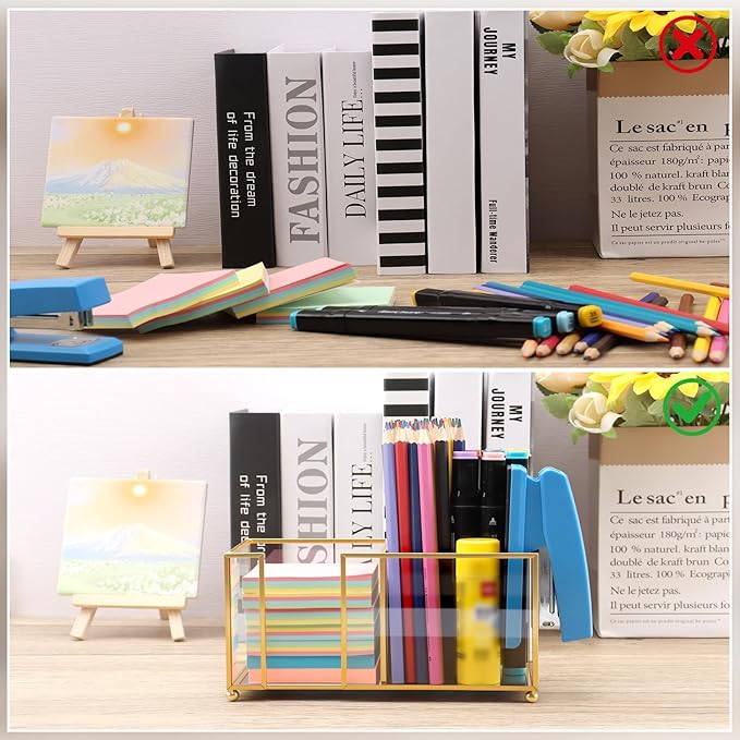 Glass Sticky Note Holder,2 Slots Post It Note Dispenser,Gold Desk Organizer for 3 x 3 Sticky Notes/Paper Clips/Book Clips,Stylish Post it Holder for Home Office Desk