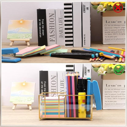 Glass Sticky Note Holder,2 Slots Post It Note Dispenser,Gold Desk Organizer for 3 x 3 Sticky Notes/Paper Clips/Book Clips,Stylish Post it Holder for Home Office Desk