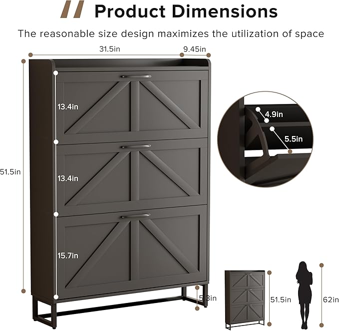 EOYUTLLY Shoe Cabinet Storage for Entryway, Narrow Shoe Rack with 3 Flip Drawers, Freestanding Hidden Shoe Rack Storage Organizer, Slim Shoe Cabinet White with Metal Legs