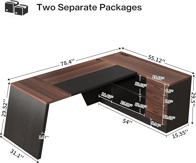 L-Shaped Executive Desk with Drawer, 78-Inch Large Home Office Desk with Cord Hold and Power Outlet, Modern Computer Table with Lateral File Cabinet,Open Shelf and PC Stand, Walnut Brown Black
