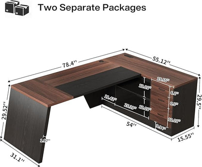 L-Shaped Executive Desk with Drawer, 78-Inch Large Home Office Desk with Cord Hold and Power Outlet, Modern Computer Table with Lateral File Cabinet,Open Shelf and PC Stand, Walnut Brown Black