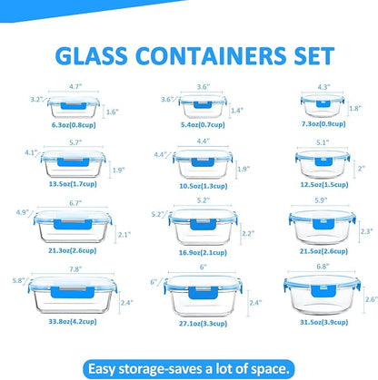 KOMUEE 24 Pieces Glass Food Storage Containers Set,Glass Meal Prep Containers, BPA-Free Airtight Glass Storage Containers with lids,Freezer, Microwave and Oven Safe,Blue