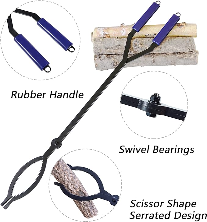CKLT 40in Heavy Duty Fire Tongs Firewood Grabber Tool with Scissor Shape Serrated, Log Claw Tongs for Bonfire Campfire Fire Pit Outdoor Indoor Log Grabber Rustproof Safely Moves Firewood