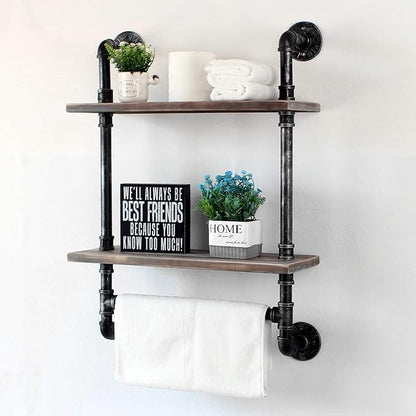 Industrial Pipe Shelf Bathroom Shelves Wall Mounted,19.6in Rustic Wood Shelf with Towel Bar,2 Tier Farmhouse Towel Rack Over Toilet,Pipe Shelving Floating Shelves Towel Holder,Retro Grey