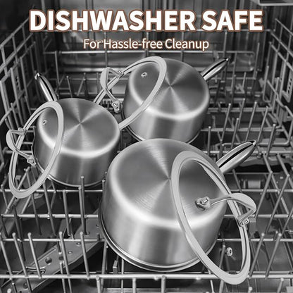 EWFEN 3 Ply Stainless Steel Sauce Pan Set with Lids, 1 & 2 Quart Multipurpose Cooking Pot, Stay-Cool Handle, Induction Oven Dishwasher Safe, 1QT & 2QT