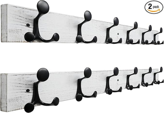 SKOLOO 36-Inch Wood Coat Rack Wall Mount with 6 Triple Hooks - Ideal for Family Entrances, Classrooms, and Pet Supplies Storage - Distressed White Wash, Pack of 2