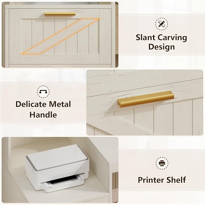 63" Farmhouse L Shaped Executive Desk with Drawers & Storage Shelf, Corner Computer Desk with Power Outlets, L Shaped Office Desk with Monitor Stand, Printer Shelf, White