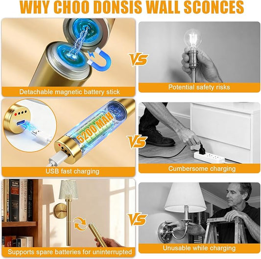 Battery Operated Wall Sconces Set of 2, 5200mAh Gold Rechargeable Wall Lights with 3 Color, Remote Control & Timer Function for Bedroom Living Room Hallway Decor