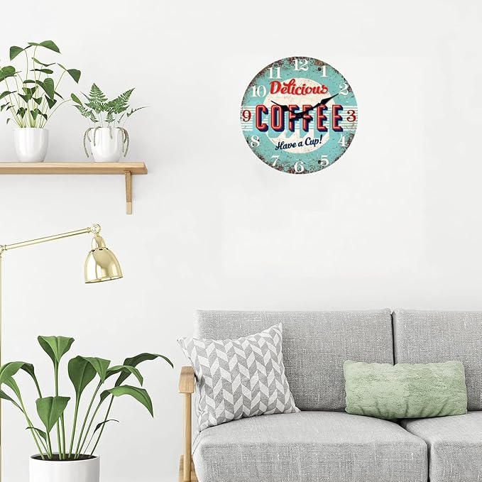 XFM Rustic Kitchen Wall Clock 10 Inch Blue Wooden Wall Clocks Silent Non-Ticking Battery Operated Retro Round Clocks for Cafes Bar Farmhouse Office