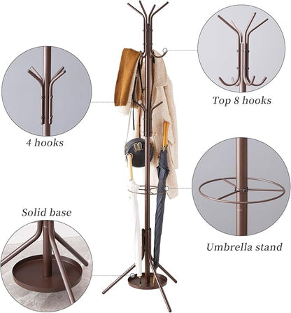 Kitsanery Coat Rack Freestanding,Metal Coat Tree with Umbrella Holder,Hat and Coat Rack Stand for Entryway, Hallway, Living Room, Bedroom (Brown)