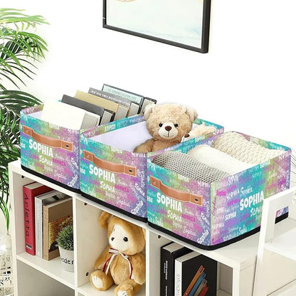 Personalized Narrow Storage Bins, Customized Name Storage Basket Rectangle Organizer for Organizing Kids Pets Toys Towels Socks Shelf Closet, Colorful Light Pink Purple Yellow Blue Glittering