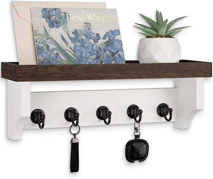 Key and Mail Holder Wall Mount, Key Holder with Shelf and Mail Organizer Wall Mount. Mail Holder with 5 Hooks for Coat, Dog Leash, Home Decor Rack, Entry Way Organizer (Brown & White)