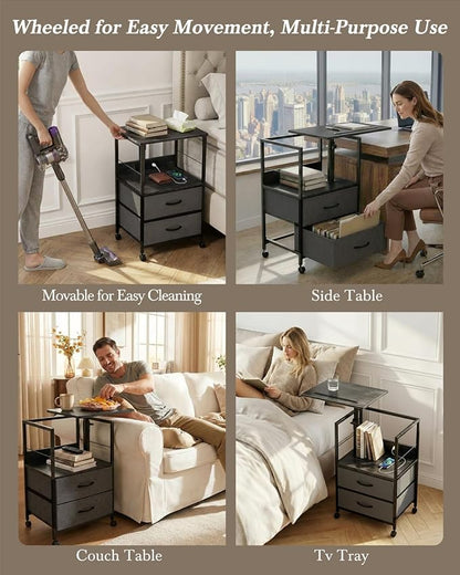 Faesun Swivel Lift Top Nightstand with Charging Station, Rolling Side Table for Recliner, Bedside Table with Wheels & 2 Fabric Drawers, for Small Spaces, for Bedroom, Living Room, Black Gray
