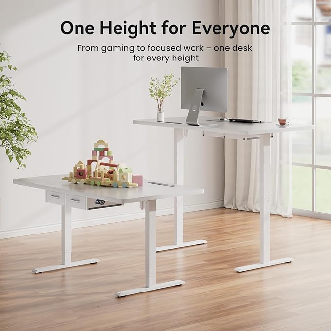 HLDIRECT Electric Standing Desk, 55 x 31.5 Inches Height Adjustable Table with Outlets, Sit Stand Computer Desk with Drawers for Home Office, Ergonomic Rising Workstation, White