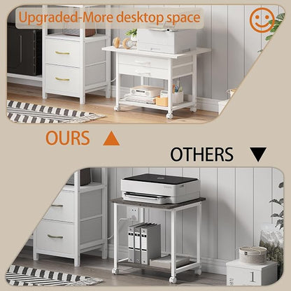 VENNQD Large Printer Stand with Storage Fabric Drawer Under Desk Printer Table with Wheels for Home Office, Printer Cart fit Fax Machine Scanner 23.4"x15.7" (White, 2 Tiers)