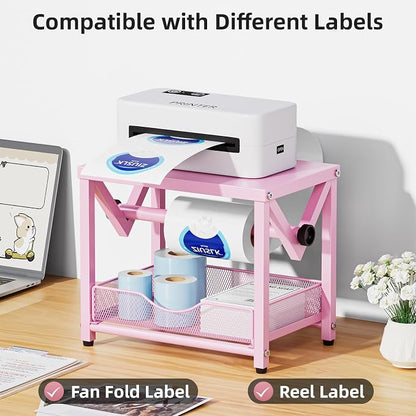 Marbrasse Label Holder for Rolls and Fanfold Labels, Metal Thermal Label Printer Holder with Drawer, Shipping Label Stand,Sticker Roll Holder for Home, Office, Small Business,Pink