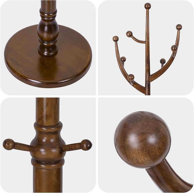 Bekrvio Wood Freestanding Coat Rack Coat Tree with Round Base, Walnut | Unique Coat Hanger Stand, Heavy Duty Standing Coat Rack, For Jacket, Hat, Bags For Entryway, Hallway, Bedroom, Apartment