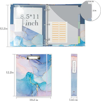 1 Inch 3 Ring Binder Organizer with Clipboard, 5-Tab Pockets Dividers, Clear Folder, 18 Divider Stikers, BVSSX Decorative Three Ring Binder with Pen Loop, Elastic Strap (Blue Marble,Letter Size)