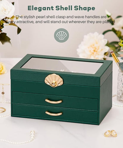 Jewelry Box with 2 Drawers: Display Organizer for Earrings Necklaces - Christmas Gifts for Girls Women (Forest Green)