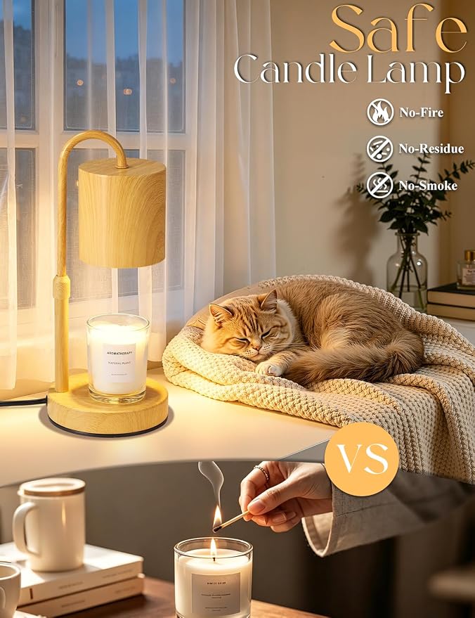 Briever Dimmable Candle Warmer Lamp with Timer, Height Adjustable Electric Candle Wax Warmer, Birthday Gifts for Women Mom, House Warming Gifts New Home Decor, Solid Wood Base, Wood Grain
