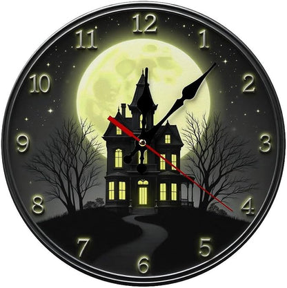 Wall Clock, Spooky Haunted House Non Ticking Wall Clocks Battery Operated, Black Wooden Wall Clocks for Living Room, Kitchen, Bedroom Decorative 10 Inch