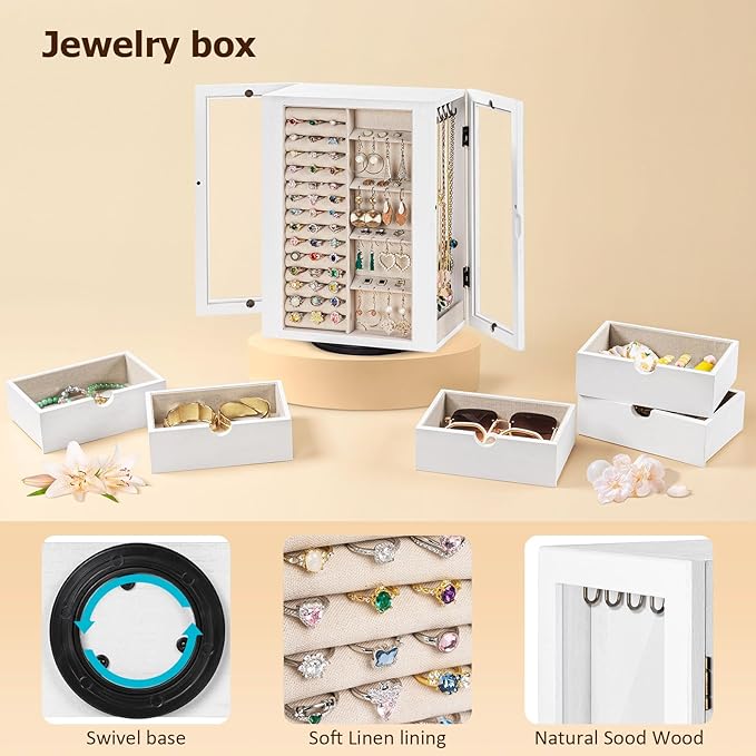 Emfogo 360° Rotating Jewelry Box for Women, Vintage Wooden Large Jewelry Organizer with 5 Drawers, Glass Doors, Vertical Open Design Jewelry Organizers and Storage for Earring Ring Necklace Bracelet