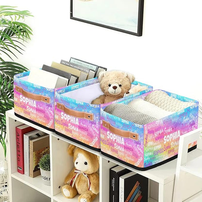 Custom Narrow Storage Basket Name, Personalized Organizer Bin Organizing Toys, Books, Clothes Small Storage Basket for Bedroom Nursery Livingroom Entryway, Watercolor Painted Pink Yellow Blue
