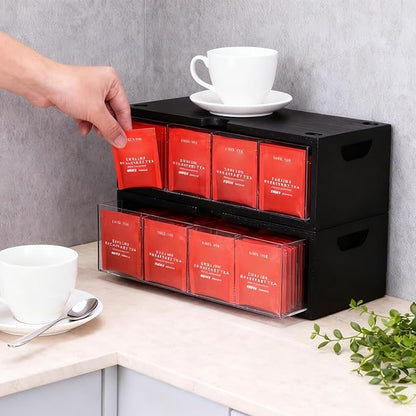 Bamboo Tea Bag Organizer for Cabinet & Countertop - 2-Piece Stackable Tea Box Set, Large Capacity Storage Containers for Tea Bags & Packets - Modular Pantry Organization & Kitchen Tea Station Holder