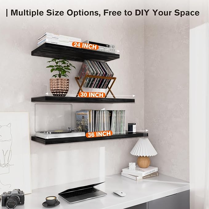 JPND Wall Shelf Set of 2,Dark Wood Floating Shelves 24 in W x 10 in D x 1 in H, Wooden Floating Wall Shelf with Invisible Brackets for Living Room/Bedroom/Bathroom/Kitchen Storage and Decor